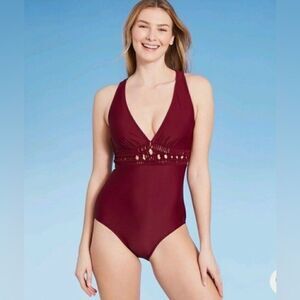 Kona Sol Macrame Burgundy Red Medium Coverage One Piece Swimsuit
